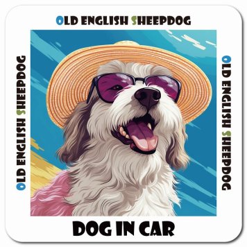 名入れ可 海 麦わら帽子 サングラス 夏 Old English Sheepdog オールドイングリッシュシープドッグ カーサイン 車 マグネットステッカー 犬 マグネット 強力 13x13cm 正方形ドラレコステッカー 安全対策 危険運転 煽り運転 アニマル 動物 犬種別 屋外 防水 屋内