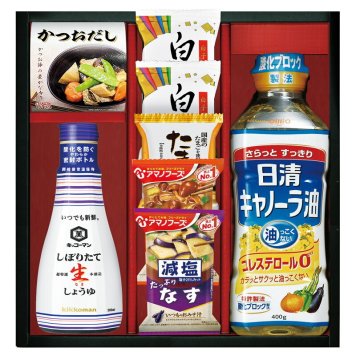 夏の贈り物お中元 千寿和膳日清オイリオ･キッコーマン･アマノフーズ詰合せ 白子のり味のり（8切5枚）×2、日清キャノーラ油ペット（400g）･キッコーマンしぼりたて生しょうゆ（200ml）･アマノフーズ減塩いつものおみそ汁（なす）（9g）･アマノフーズ減塩いつものおみそ汁