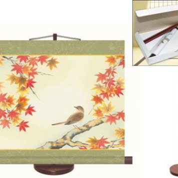 花鳥ミニ掛軸 紅葉 葉水 筆 収納箱付き 十年間保証 受注生産品