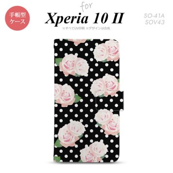 Xperia10 II 手帳型 スマホケース 全面印刷 おしゃれ ストラップホール有り バラ ドット 黒 nk-004s-xp102-dr786
