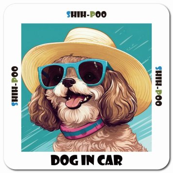 名入れ可 海 麦わら帽子 サングラス 夏 Shih-Poo シープー カーサイン 車 マグネットステッカー 犬 マグネット 強力 13x13cm 正方形ドラレコステッカー 安全対策 危険運転 煽り運転 アニマル 動物 犬種別 屋外 防水 屋内