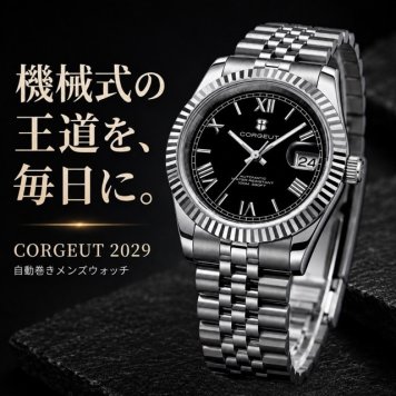 自動巻き腕時計 メンズ 40代 オマージュウォッチ 機械式 手巻き 36mm ローマ数字インデックス 日付 CORGEUT 2029