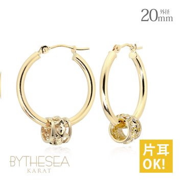 ハワイアンジュエリー フープピアス ピアス イエローゴールド ピアス 外径20mm クロッシングピアス プルメリア 透かし バレル 樽 大ぶり ゴールド 揺れる 片耳(1個)購入可 K14イエローゴールド 20G ゲージ BY THE SEA バイザシー プレゼント ハロウィン 【品番：GE231】