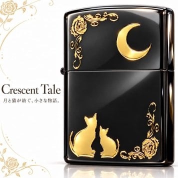ZIPPO ライター ネコ ブラック ゴールド ジッポ 猫 可愛い 黒金 月 薔薇 女性 レディース ねこ かわいい おしゃれ バラ ギフト プレゼント
