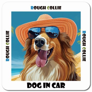 名入れ可 海 麦わら帽子 サングラス 夏 Rough Collie ラフコリー カーサイン 車 マグネットステッカー 犬 マグネット 強力 13x13cm 正方形ドラレコステッカー 安全対策 危険運転 煽り運転 アニマル 動物 犬種別 屋外 防水 屋内