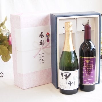 感謝の贈り物ボックス 穂坂甲州種ぶどう100%辛口スパークリングワインと国産ワインセット(樽熟成松本メルロ赤ワイン フルボディ(山梨県)750mlシャンモリ柑橘香 穂坂甲州スパークリングワイン(山梨県)750ml