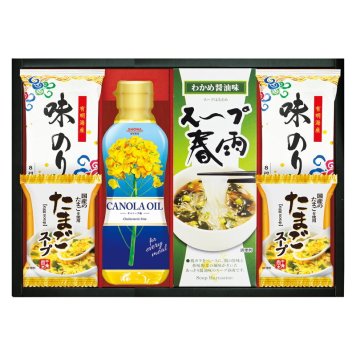 実りの秋の贈り物 SHOWAキャノーラ油&のり･たまごスープ詰合せ 有明海産味付のり（8切5枚）･たまごスープ（6.4g）×各2、スープ春雨わかめ醤油味（14.1g×2）･キャノーラ油 （300g）×各1