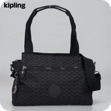 キプリング ハンドバッグ レディース ブランド Kipling エリシア ロゴ ワンポイント 総柄 2WAY K43793-K59 Signature Emb 黒