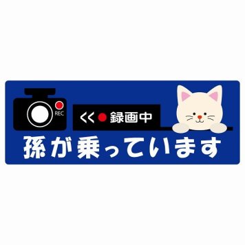 孫が乗っています 録画中 ねこ ネイビー サインステッカー シール 車 ステッカー 長方形 14x5cm 防水 屋内 屋外 セーフティサイン 安全対策 車用 安全運転 煽り運転対策 安全対策 かわいい イラスト カーサイン