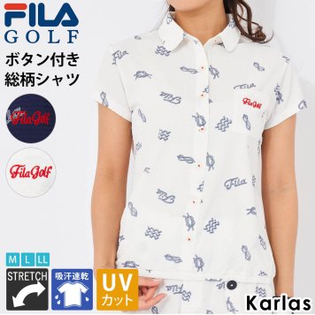 FILA GOLF フィラゴルフ ゴルフウェア シャツ 半袖 春 夏 レディース 吸汗速乾 ドライ UVカット 紫外線対策 ストレッチ 伸縮性 涼しい スポーツブランド ボタン付きシャツ ロゴ 総柄 M L LL 紺 白 karlas
