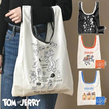エコバッグ トムとジェリー 折りたたみ コンパクト Tom and Jerry ショッピングバッグ トートバッグ コンビニバッグ レジ袋 マチ広 大容量 軽量 おしゃれ かわいい レディース メンズ FLAPPER フラッパー トムジェリ トム ジェリー キャラクター グッズ ブラック ホワイト