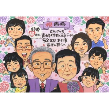 ルビー婚式 プレゼント 似顔絵 贈り物 名入れ ギフト 手描き ルビー婚式 結婚記念日 結婚40周年 記念日 お祝い 大人数 両親 お父さん 家族 ご夫婦 夫婦 名入れ 修正無料 下書き確認 かわいい そっくり サプライズ 喜ばれる 思い出 感謝 節目 記念 40周年 オーダーメイド 実績多数 一生もの 親孝行 笑顔 感動 記念品 宝物 叙勲 緑寿 地域 受賞