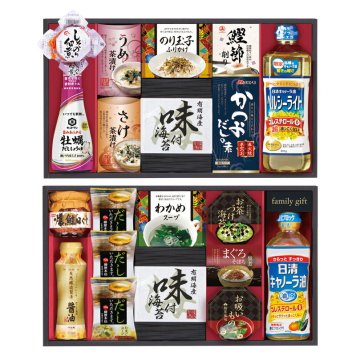 実りの秋の贈り物 日清オイリオ食卓詰合せ セット内容/たまごスープ（5.4g）×3、有明海産味付け海苔（8切6枚×2袋）×2、ニッスイ焼鮭ほぐし50g･わかめスープ（5.3g×2袋）･永谷園お茶漬けのり（4.7g×2袋）･永谷園お吸いもの松茸風味（2.3g×2袋）･まぐろ