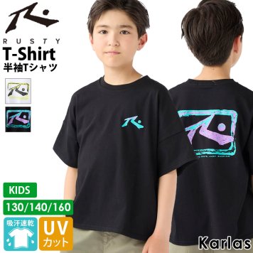 Tシャツ キッズ 半袖 男の子 子供服 吸汗速乾 UVカット RUSTY ラスティ ブランド 春 夏 トップス ジュニア ロゴ バックプリント クルーネック 白 黒 130cm 140cm 160cm 2024SS karlas