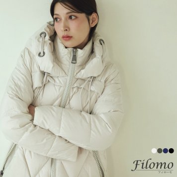 ダウンコート レディース ミドル丈 フード付き ダウン90％ 手洗い ブランド Filomo 冬 ダウンジャケット アウター 洗える 軽量 ミドル 白 アイボリー ネイビー カーキ ブラック 黒  クリスマス ギフト プレゼント (08000265r) バレンタイン 成人祝い