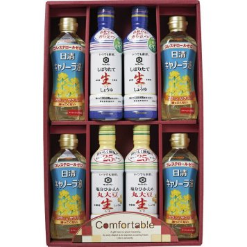 冬の贈り物ご挨拶  カンフォータブル 日清キャノーラ油（350g）×4、キッコーマンしぼりたて生しょうゆ・キッコーマン塩分ひかえめ丸大豆生しょうゆ（各450ml）×各2