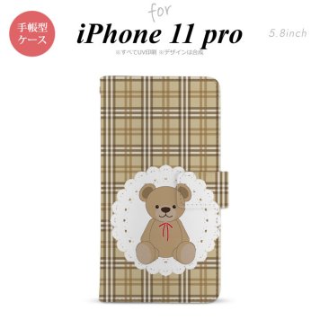 iPhone11Pro iPhone11 Pro 手帳型スマホケース カバー くま チェック レース 茶  nk-004s-i11p-dr753