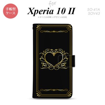Xperia10 II 手帳型 スマホケース 全面印刷 おしゃれ ストラップホール有り ハート 飾り 黒 金 nk-004s-xp102-dr617