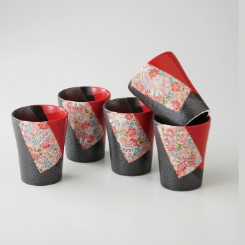 朱色カット古都フリーカップ5客揃 磁器 美濃焼 やきものの里から、暮らしを贈ります。　ギフト 食器 セット テーブルウェア