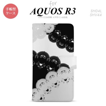 SH-04L/SHV44 AQUOS R3 手帳型スマホケース カバー レース 黒 白  nk-004s-r3-dr726