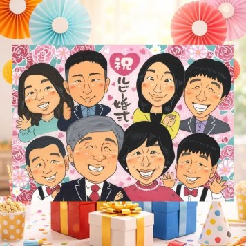 結婚40周年の記念に、家族の幸せな瞬間を似顔絵に残しませんか。 結婚記念日 似顔絵 贈り物 手描き プレゼント ギフト 名入れ 結婚40周年 記念 ルビー婚式 お祝い 大人数 家族 ご夫婦 ご両親 下書き確認 名入れ 修正無料 かわいい 親孝行 一生もの 喜ばれる 感謝 40周年 宝物 ルビー婚式 一生もの 節目 古希祝い オリジナル 初任給 結婚祝い 米寿祝い 二次会 卒寿祝い クリスマス