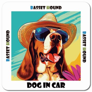 名入れ可 海 麦わら帽子 サングラス 夏 Basset Hound バセットハウンド カーサイン 車 マグネットステッカー 犬 マグネット 強力 13x13cm 正方形ドラレコステッカー 安全対策 危険運転 煽り運転 アニマル 動物 犬種別 屋外 防水 屋内