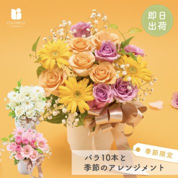 バラ10本と季節花のお祝いアレンジメント  生花 花市場から直送 アレンジメント 豪華 バラ ガーベラ カーネーション　ひまわり  季節限定　お祝い お誕生日 かわいい おしゃれ ギフト プレゼント 即日発送 手提げ付けられます メッセージカード無料