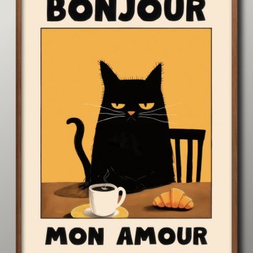 日本製 黒猫 ネコ コーヒータイム BONJOUR MON AMOUR A3 サイズ ポスター アート おしゃれ 絵画 インテリア 北欧 イラスト マット紙 艶消し アートパネル 額 フレーム デザイン 壁掛け ギフト 新築祝い ディスプレイ  速達 送料無料