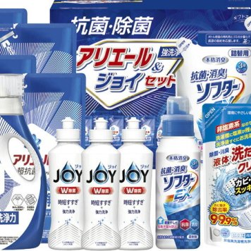 春の贈り物便り抗菌除菌・アリエール＆ジョイセット ギフト工房 P&Gアリエールジェル詰替用（405g）×5、P&G除菌ジョイ（170ml）×3、抗菌消臭ソフターEX詰替用・液体洗たく槽クリーナー（各350g）×各2、P&Gアリエールジェル（720g）・抗菌消臭ソフター