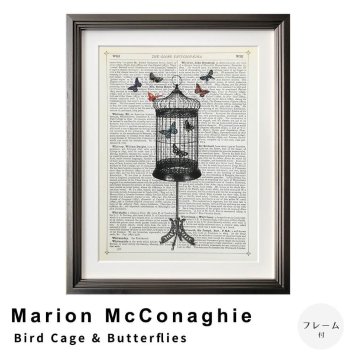 Marion McConaghie（マリオン マコネギー） Bird Cage & Butterflies アートポスター（フレーム付き）
