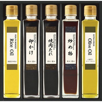 夏の贈り物お中元「渾身の醤油」と健康志向オイル 日下部味噌醤油店 炒め物醤油・卵かけ醤油・焼肉たれ醤油（各200ml）・エクストラバージンオリーブオイル・ライスオイル（各165g）×各1