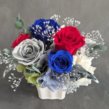プリザーブドフラワー青と赤い薔薇にシルバーローズの魔法の枯れないお花【リボンラッピング付き】