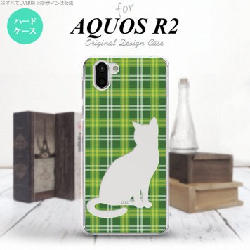 AQUOS R2 アクオス アール2 SH-03K SHV42 専用 スマホケース カバー ハードケース 猫 チェック緑B nk-r2-958[スマホ,スマホケース,スマホカバー,ケース,カバー,ジャケット]