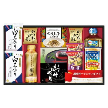 実りの秋の贈り物 日清オイリオ&白子のり食卓詰合せ セット内容/白子だし塩のり（8切5枚）･マルトモかつおだしの素（4g×4袋）･アマノなすおみそ汁（9.5g）×各2、のり玉子ふりかけ（4.5g×2袋）･有明海産味付のり（8切6枚×2袋）･伊賀越天然醸造しょうゆ（200m