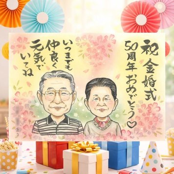結婚記念日のお祝いに、やさしい雰囲気の似顔絵はいかがですか。 金婚式 ギフト 似顔絵 手描き プレゼント 贈り物 名入れ 結婚記念日 長寿 お祝い 誕生日 祖父 ご両親 家族 ご夫婦 修正無料 下書き確認 名入れ 一生もの サプライズ そっくり 宝物 長寿 一生もの 感謝 宝物 結婚50周年 お祝い返し ホワイトデー 感動 オリジナル 二次会 大人数 喜ばれる 引っ越し 白寿祝い イラスト