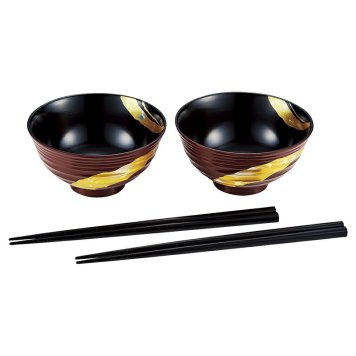 【ギフト対応無料】純金箔工芸 溜塗 金彩 飯碗2客揃(箸付) ※送料無料(北海道・沖縄は除く)