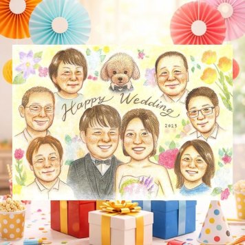 結婚式のプレゼントに、心に残るお祝いを、似顔絵で届けます。 似顔絵 結婚祝い ギフト プレゼント 手描き 贈り物 名入れ 結婚式 感謝 サンクスボード お祝い 披露宴 大人数 新郎新婦 同僚 友達 職場 名入れ 修正無料 下書き確認 似てる かわいい サプライズ 宝物 サンクスボード 新郎新婦ギフト 婚礼 宝物 入籍 記念日 喜寿祝い 古希祝い 卒寿祝い ハロウィン キレイ 初任給 色紙 大量注文