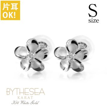 ハワイアンジュエリー ピアス プルメリア ホワイトゴールド ピアス プルメリアピアス Sサイズ 花6mm 片耳(1個)購入可 K14 ジルコニア 14K シリコンキャッチ シンプル 20G ゲージ BY THE SEA バイザシー 彼女 妻 女性 レディース プレゼント ハロウィン 【品番：GE101W】