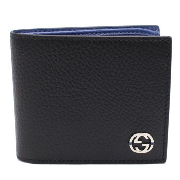 グッチ　GUCCI　610466 CAO2N 1040　二つ折り財布　ブラック　黒　内面ブルー　インターロッキング　DOLLAR CALF　レザー ウォレット　Outlet　