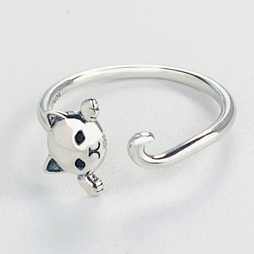 キャットにゃんフェイスシルバーフリーリング ネコ 猫 しっぽ 巻き付き フリーサイズ リング 指輪 サイズ調整 シルバー 925 ロジウム コーティング 送料無料