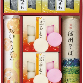 冬の贈物お歳暮年越・迎春麺セット まるもち（白・紅）（各30g）・めんつゆ（30ml）×各4、信州そば・双卯のうどん（各150g）×各1