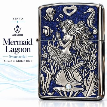 ZIPPO ライター アーマー ジッポ マーメイド ラグーン シルバー×グリッターブルー 鏡面 Mermaid Lagoon スワロフスキー かっこいい おしゃれ メンズ ギフト 動画有り プレゼント