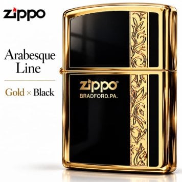 ZIPPO ライター シンプル アラベスク ライン入り ロゴ 金 両面加工 ジッポ ゴールド ブラック かっこいい メンズ プレゼント ギフト
