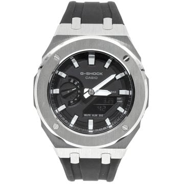 G-SHOCK メタル カシオーク カスタム GA2100  シルバー ステンレス製 ブラックラバーバンド バタフライバックル