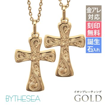 金属アレルギー対応 ペアネックレス ハワイアンジュエリー 純チタン ゴールドカラー ペアネックレス 刻印無料 誕生石 クロス ペアペアネックレス チェーン 長さ選べる イオンプレーティング カップル プレゼント ハロウィン 【品番：CG-TIP405-RYP】