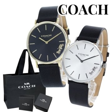 ブランド 紙袋 ショッパー付き ペアBOXプレゼント COACH コーチ ペアウォッチ ペリー ボーイズサイズ おそろい2本 シンプル スリム 黒レザー 腕時計 成人 卒業 入学