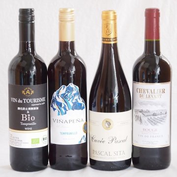 スペイン×フランス特選赤ワイン4本セット(ヴァンドゥツーリズム酸化防止剤無添加&Bioテンプラニーリョ(スペイン) ヴィニャペーニャ ライトボディ(スペイン) シュバリエ・デュ・ルヴァン ルージュ(フランス) パスカルシータキュヴェルージュ(フランス))