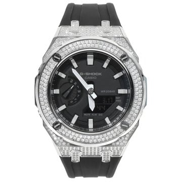 G-SHOCK GA2100 メタル カスタム フルカスタム カシオーク CZジルコニア　ラバーバンド シルバー ステンレス製 ブラックダイヤル