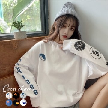 【送料無料】袖プリント ロンT ロンＴ トップス 長袖 Tシャツ 袖プリント オーバーサイズ 韓国ファッション メンズ レディース ユニセックス 大人 おしゃれ 人気 かわいい 春夏秋冬 ロゴ プリント カットソー ゆったり ルームウェア ロングTシャツ 中国