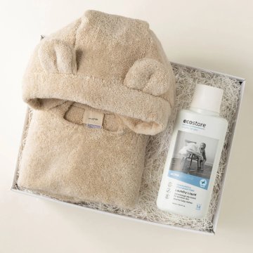 フード付ポンチョ　ランドリーリキッド 　送料無料　BABY BATH＆LAUNDRY BOX / HOODED PONCHO / アイボリー　ベビー服　オーガニックコットン100%　耳付きポンチョ　洗濯用洗剤　無香料　贈り物 ギフトセット プレゼント ベビー　赤ちゃん　男の子　女の子 気が利く　縁起がいいもの　おしゃれ　ハイブランド　ハイセンス　10000円以内　出産祝い